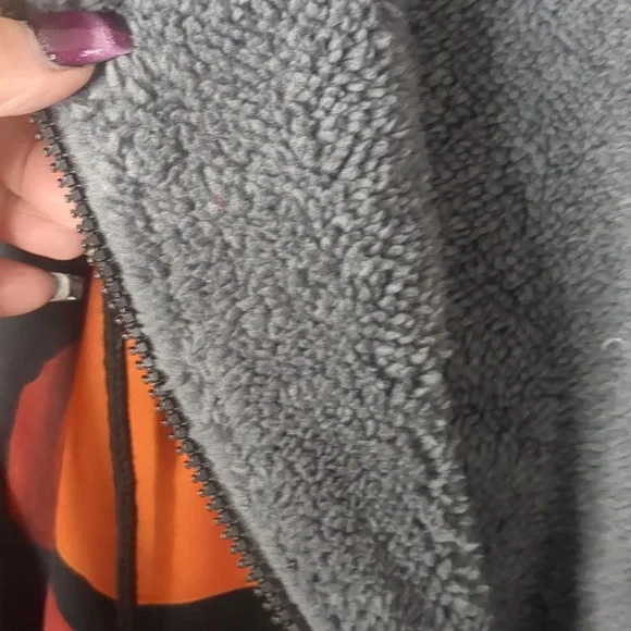 Trendy Abstract Cat Print Hooded Long Sleeve Zip Front Faux Fur Lined Jacket SzL - Picture 9 of 13